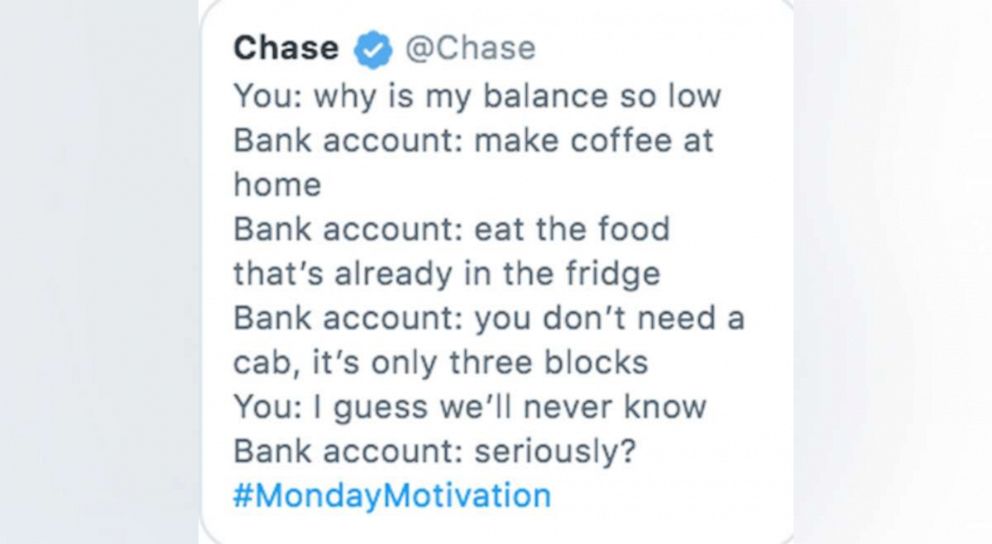 PHOTO: A screen capture made on April 29, 2019, shows a post to the official Chase Twitter account that was published and deleted in the same day after a negative backlash from other Twitter users.