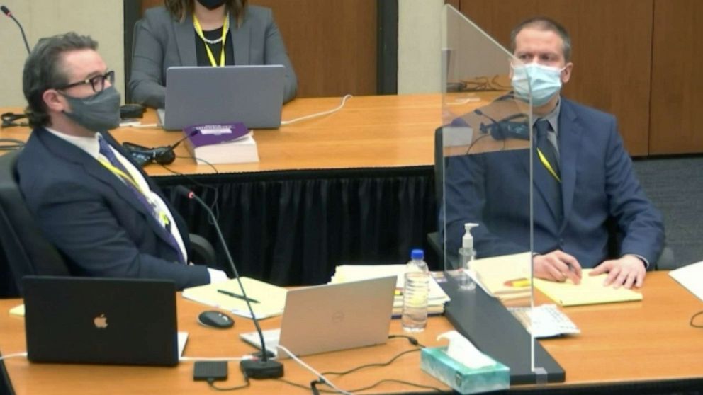 PHOTO: In this image from video, defense attorney Eric Nelson, left, and former Minneapolis police officer Derek Chauvin in court, March 30, 2021, in Minneapolis.