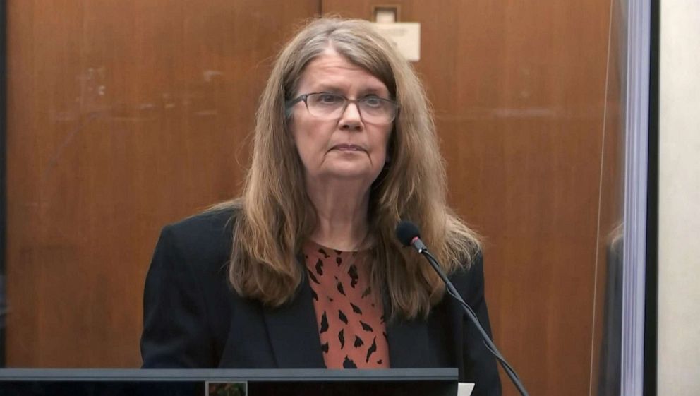 PHOTO: Carolyn Pawlenty, the mother of former police officer Derek Chauvin, addresses the court during her son's sentencing hearing at Hennepin County Government Center, June 25, 2021, in Minneapolis. 