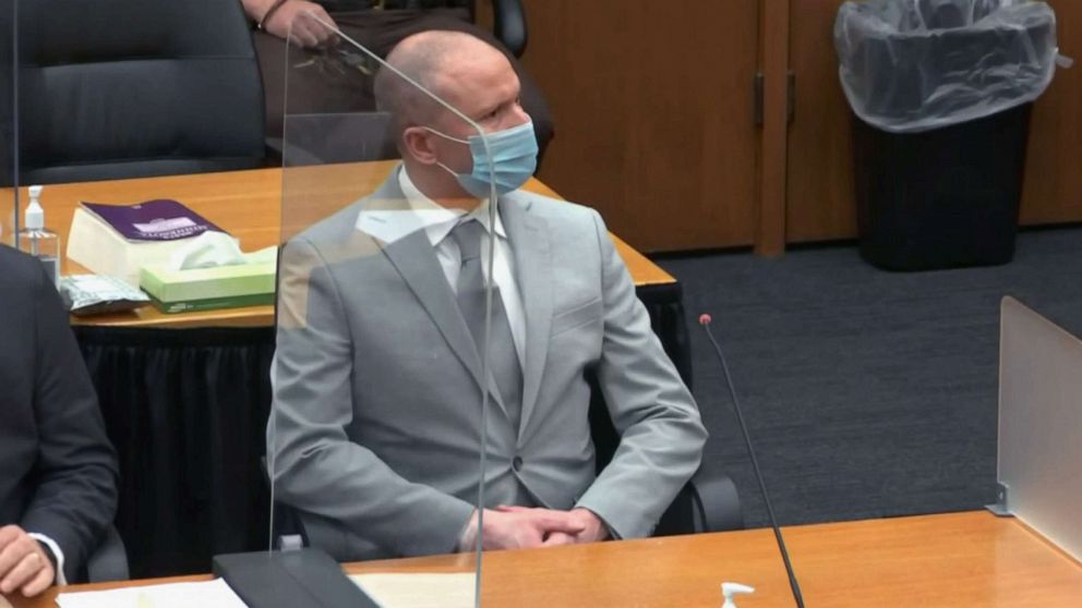 PHOTO: Former police officer Derek Chauvin listens during his sentencing hearing at Hennepin County Government Center, June 25, 2021, in Minneapolis. Chauvin was convicted for murdering George Floyd.