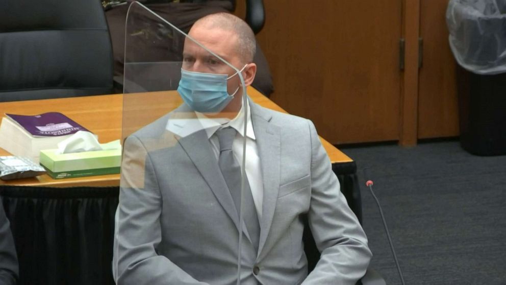 PHOTO: Former police officer Derek Chauvin listens during his sentencing hearing at Hennepin County Government Center, June 25, 2021, in Minneapolis. Chauvin was convicted for murdering George Floyd.