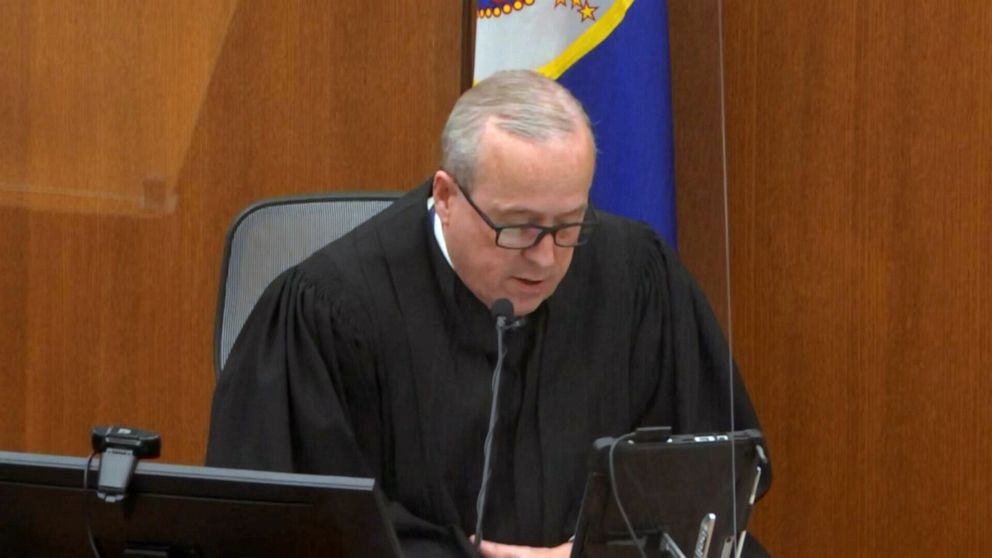 PHOTO: Judge Cahill  reads the jury instructions ahead of the Chauvin trial closing arguments in Minneapolis, April 19, 2021.