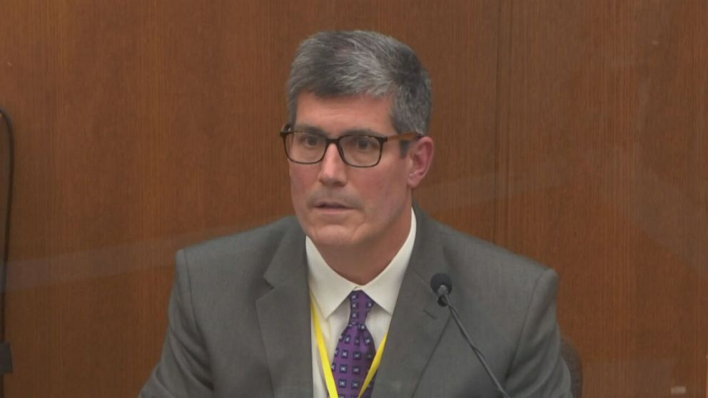 PHOTO: In this image from video, Dr. Andrew Baker testifies at the trial of former Minneapolis police officer Derek Chauvin at the Hennepin County Courthouse in Minneapolis, Minn., April 9, 2021.