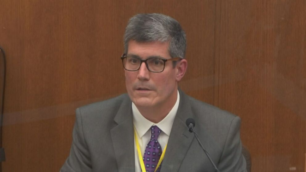 PHOTO: In this image from video, Dr. Andrew Baker testifies at the trial of former Minneapolis police officer Derek Chauvin at the Hennepin County Courthouse in Minneapolis, Minn., April 9, 2021.