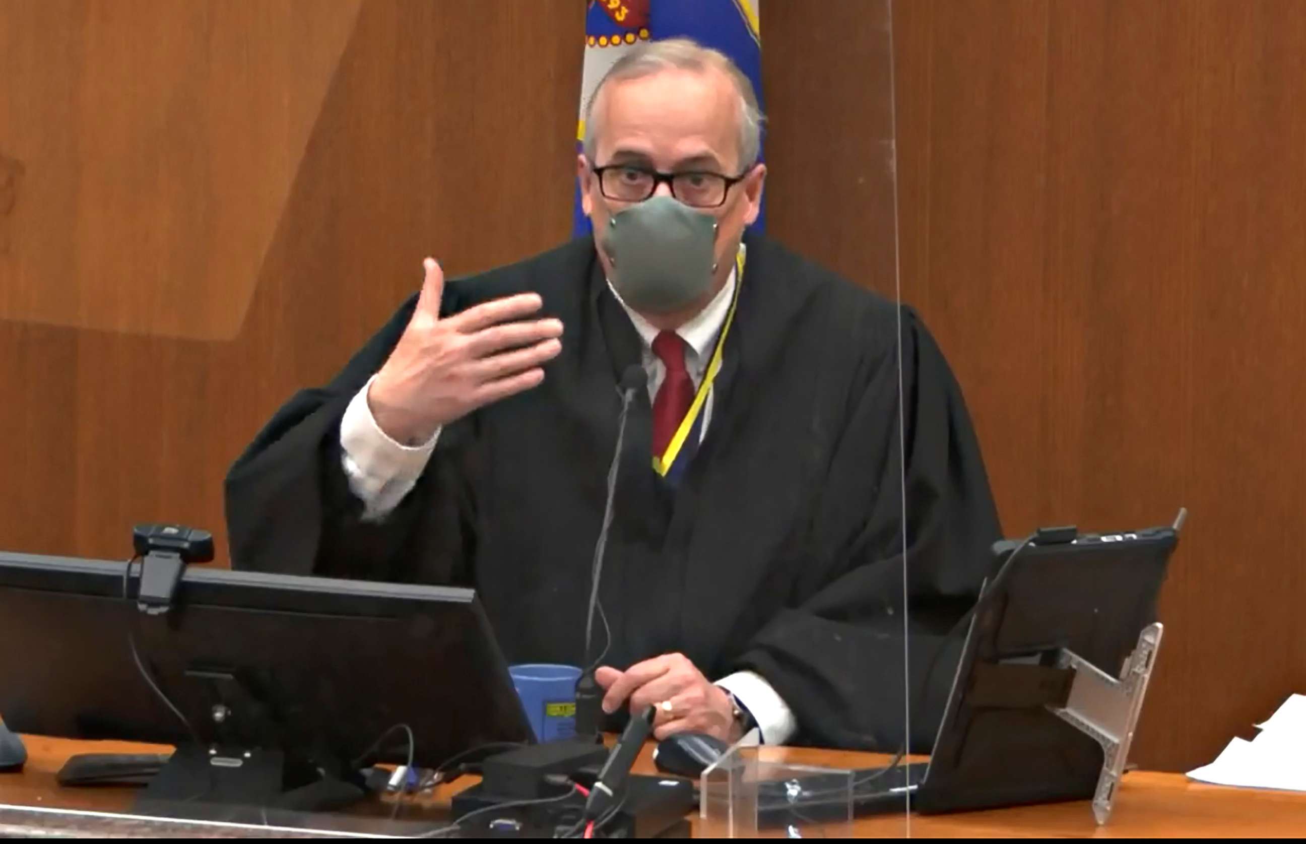 PHOTO: Hennepin County Judge Peter Cahill presides over pretrial motions prior to continuing jury selection in the trial of former Minneapolis police officer Derek Chauvin, March 10, 2021, at the Hennepin County Courthouse in Minneapolis.