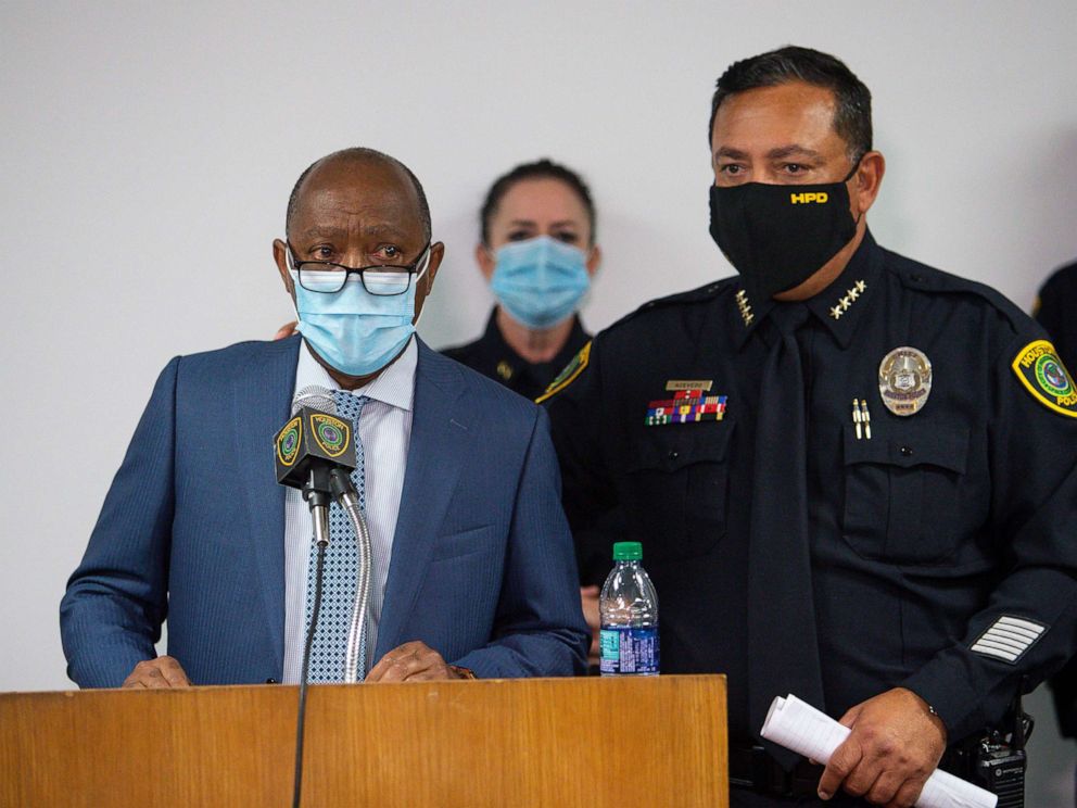 PHOTO: Mayor Sylvester Turner talks to reporters about the officer-involved fatal shooting of Nicolas Chavez, during a press conference at the Edward A. Thomas building, Sept. 10, 2020, in Houston. 