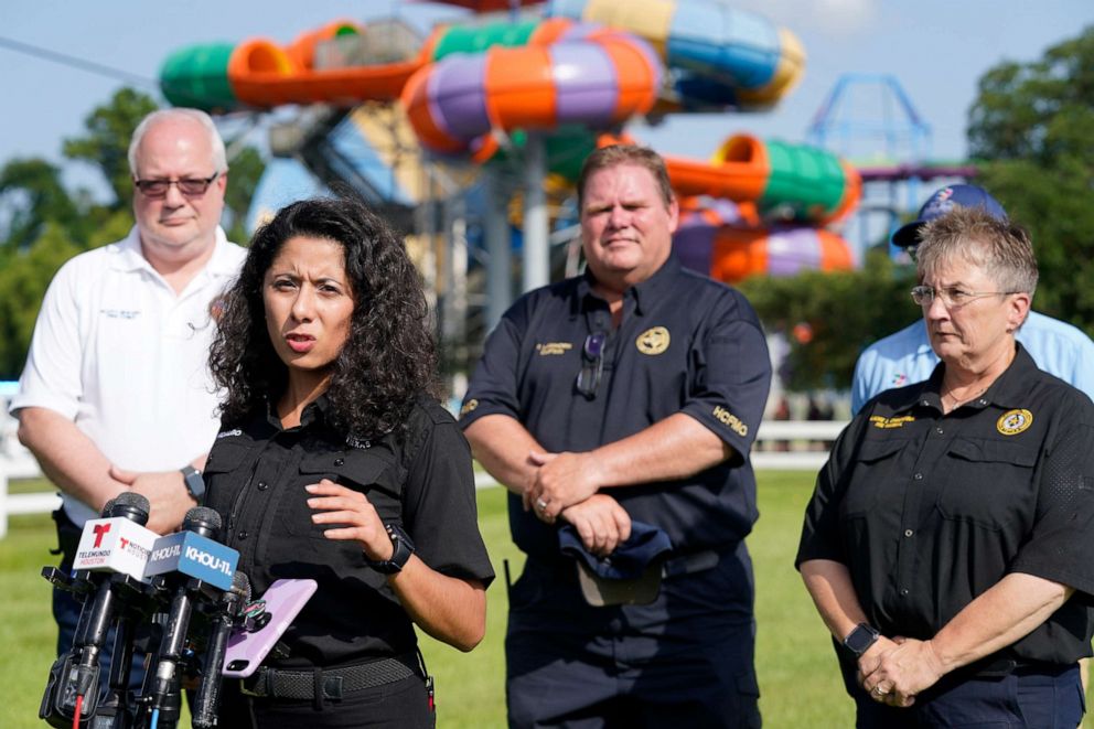 PHOTO: Harris County Judge Lina Hidalgo speaks to the media after a chemical leak at Six Flags Hurricane Harbor Splashtown, July 17, 2021, in Spring, Texas.