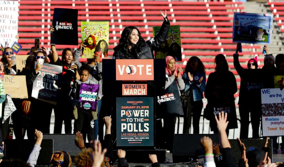 PHOTO: Cher addresses the Women's March: "Power to the Polls" event in Las Vegas, Jan 21, 2018.