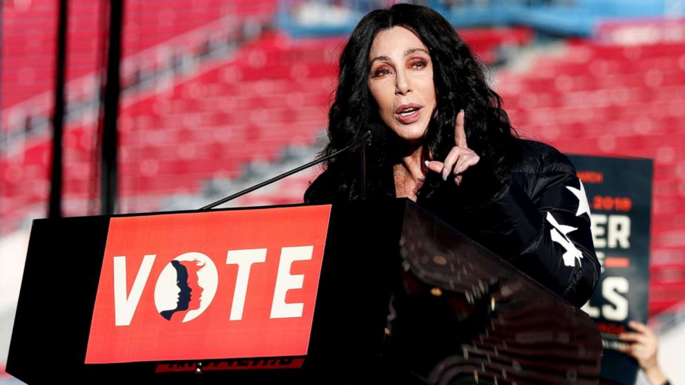 Cher speaks during the Women's March rally in Las Vegas, Jan. 21, 2018. 
