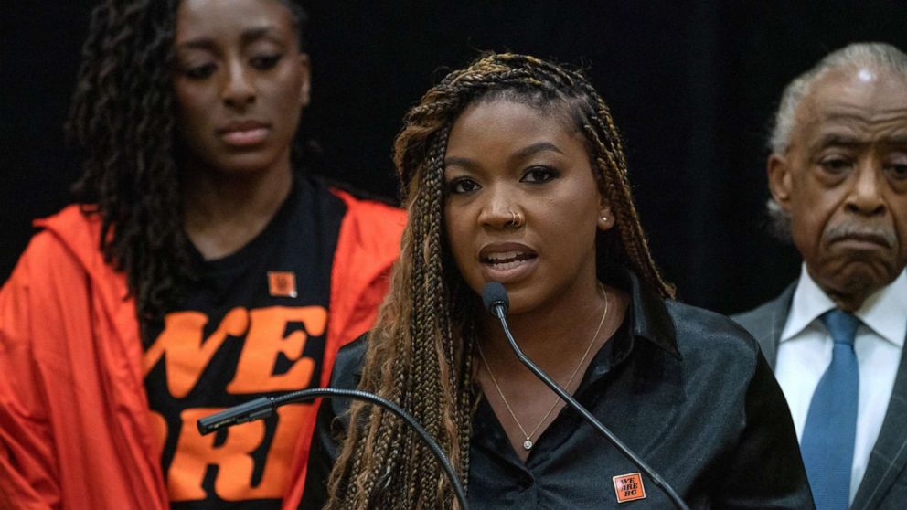 PHOTO: Cherelle Griner, wife of professional basketball player Brittney Griner, speaks during a press conference on July 8, 2022, in Chicago, in support of Griner's release from prison in Russia.