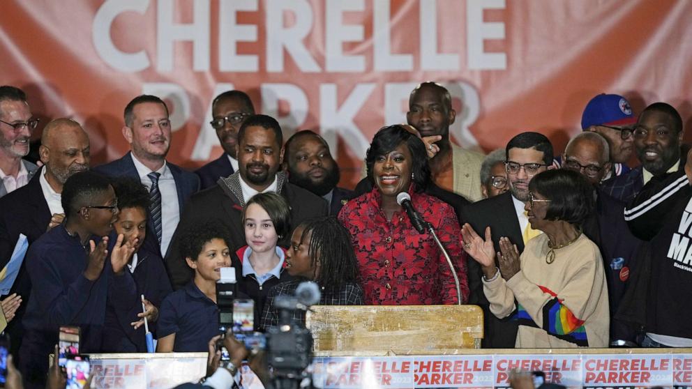 PHOTO: Democratic mayoral candidate Cherelle Parker speaks during an election night party after being elected in Philadelphia, Nov. 7, 2023.