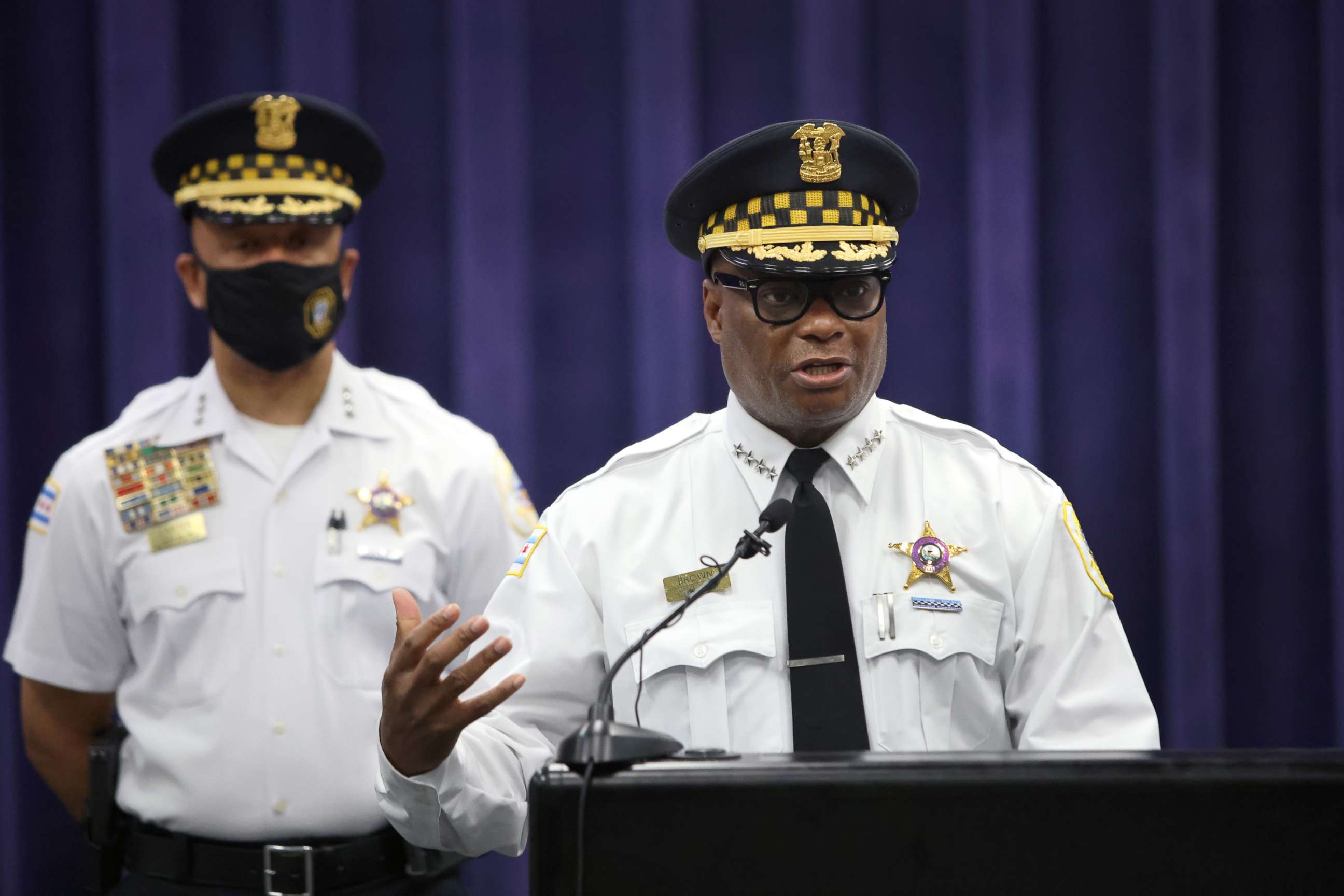 PHOTO: Chicago Police Superintendent David Brown holds a press conference where he vowed to step up measures to curb gun violence following yesterday's meeting with President Joe Biden at the White House, July 13, 2021, in Chicago.
