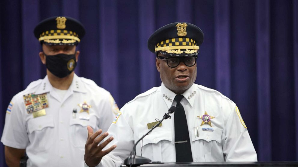 PHOTO: Chicago Police Superintendent David Brown holds a press conference where he vowed to step up measures to curb gun violence following yesterday's meeting with President Joe Biden at the White House, July 13, 2021, in Chicago.