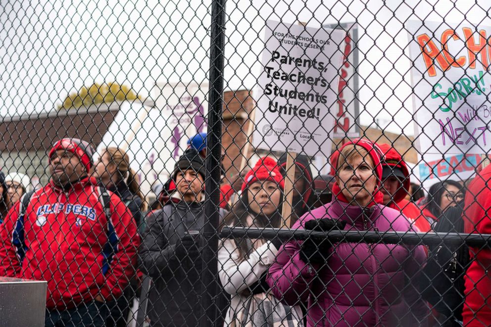 PHOTO: Striking teachers and supporters rally at the Lincoln Yards development site in Chicago, Oct. 29, 2019.