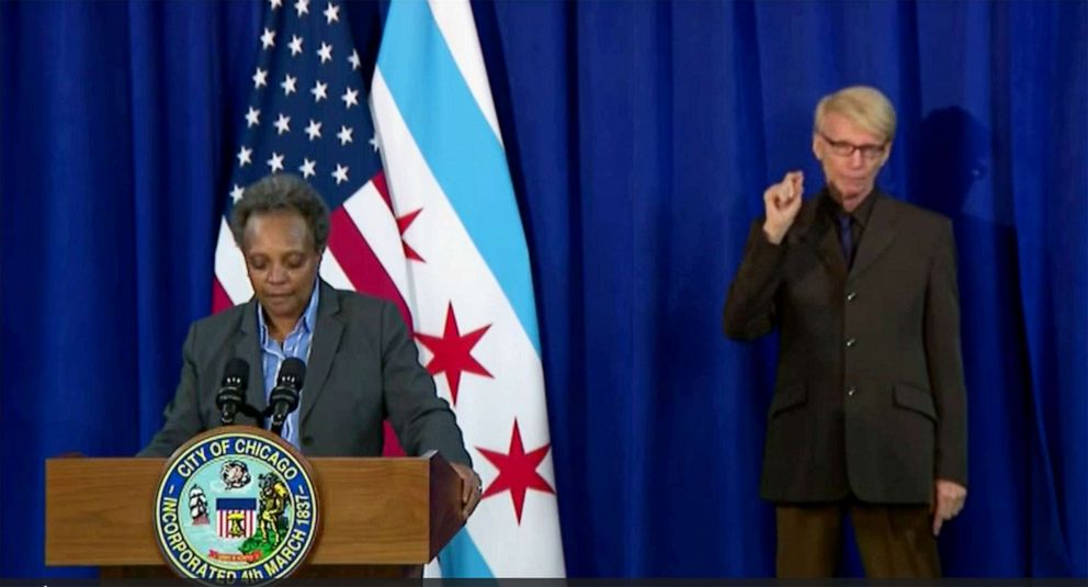 PHOTO: Mayor Lori Lightfoot holds a press confernce apologizing to Anjanette Young, a woman whose home was wrongly raided by Chicago police, following the release of bodycam video of the Feb. 21, 2019 incident, Chicago, Dec. 16, 2020.