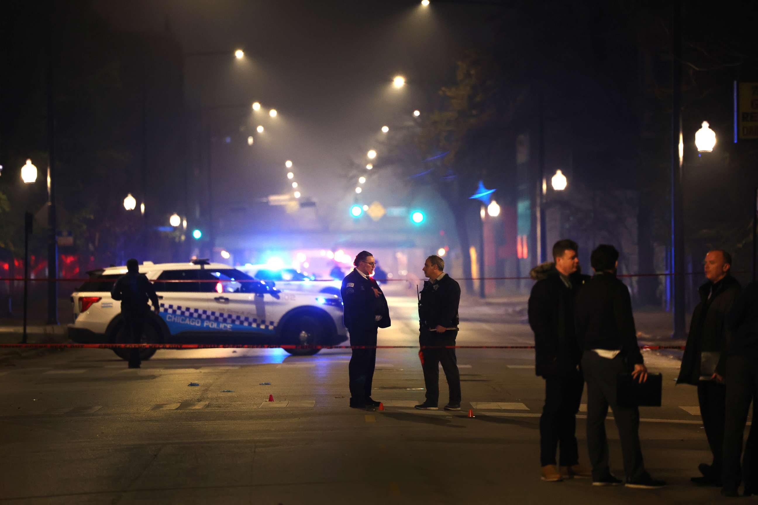 PHOTO: Police investigate the scene where officials said as many as 14 people were shot on Oct. 31, 2022, in Chicago, Illinois.