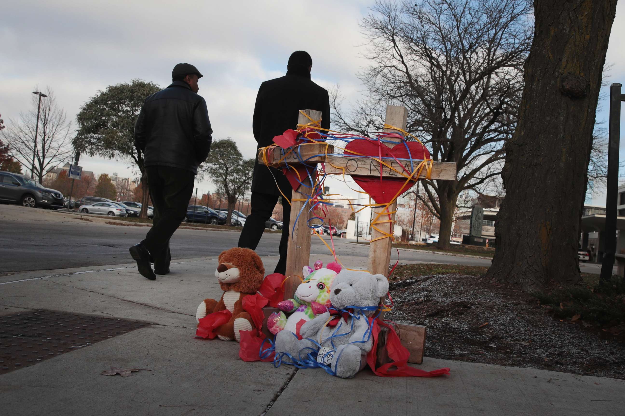 PHOTO: Crosses are placed outside of Mercy Hospital where four people were shot and killed, Nov. 20, 2018 in Chicago.