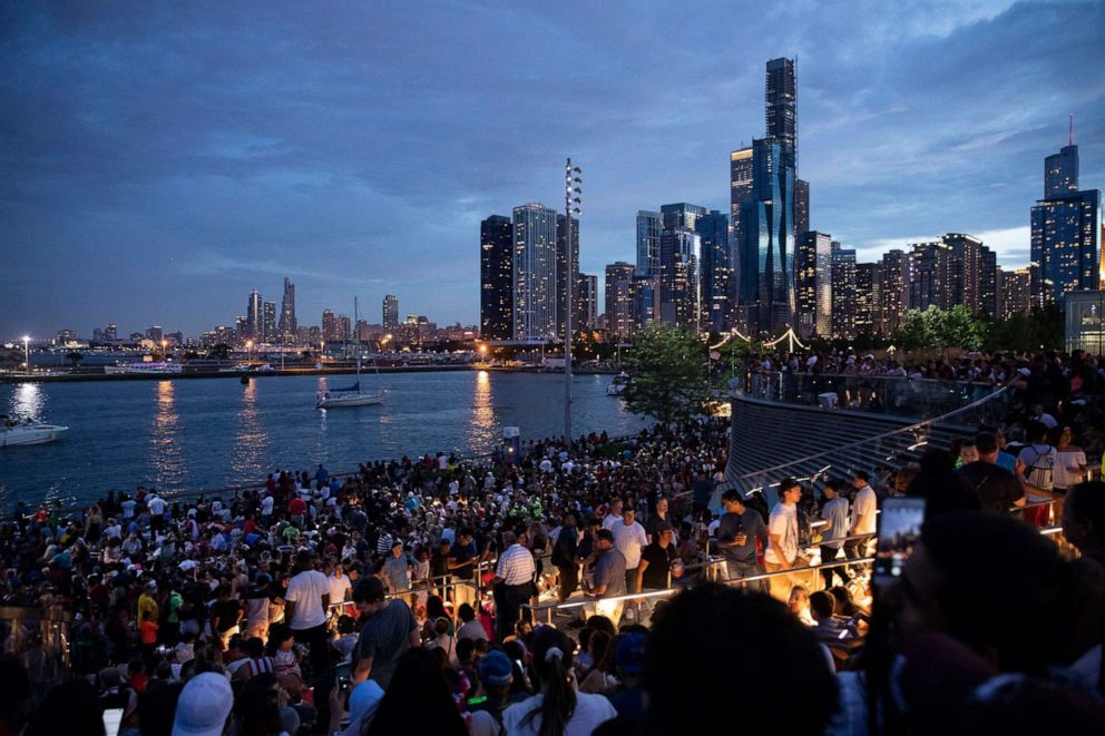 PHOTO: Thousands of people gather at Chicago's Navy Pier to celebrate and watch the 4th of July fireworks, July 4, 2019.