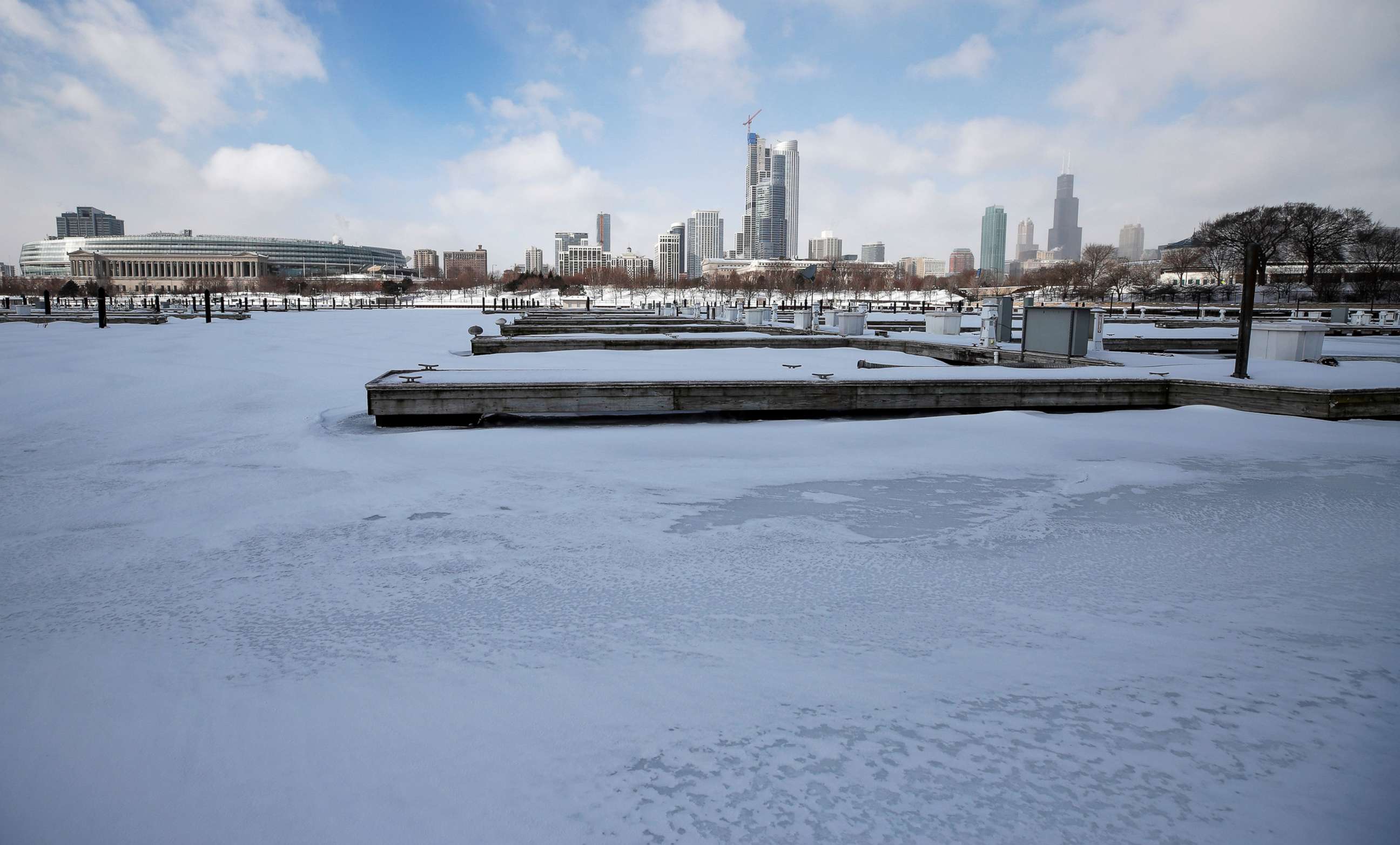 PHOTO: Judd Goldman Sailing Center is covered in snow and ice along Lake Michigan in Chicago, Jan. 29, 2019.