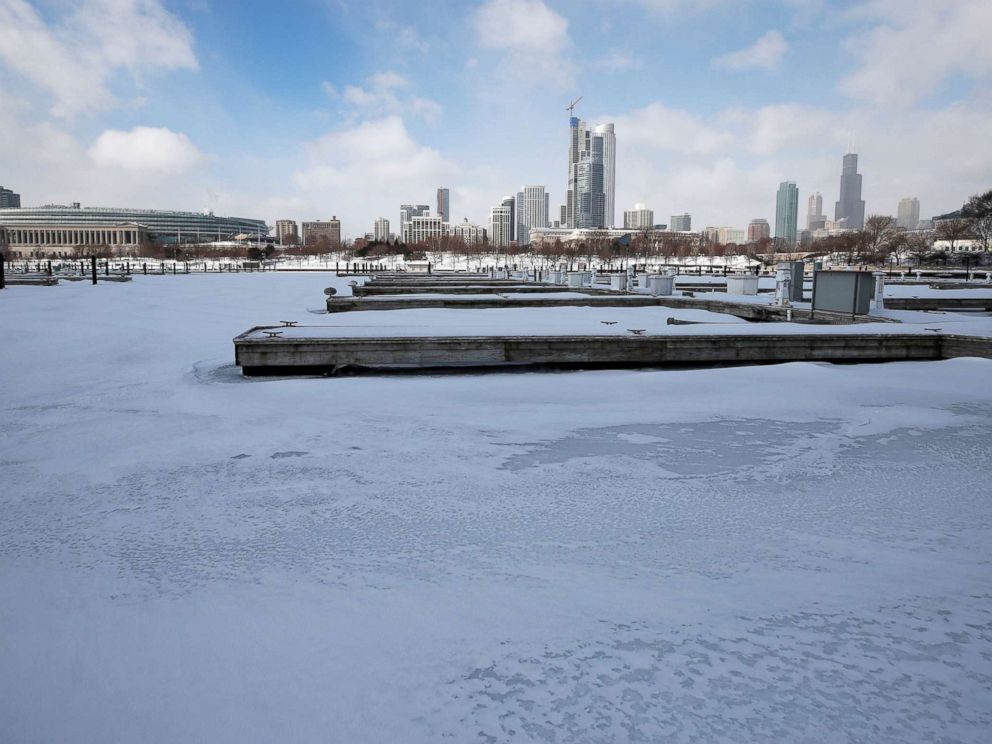PHOTO: Judd Goldman Sailing Center is covered in snow and ice along Lake Michigan in Chicago, Jan. 29, 2019.