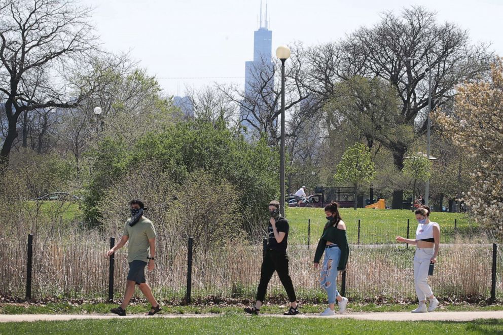 PHOTO: Despite the COVID-19 pandemic, people took advantage of one of the warmest days so far this spring in the city by getting fresh air and exercise in Humboldt Park on May 2, 2020, in Chicago.