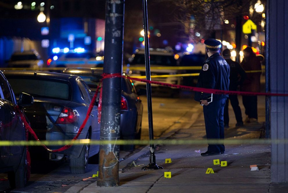 PHOTO: In this Jan. 16, 2020, file photo, Chicago Police process a crime scene after at least five people reportedly were shot in Chicago.