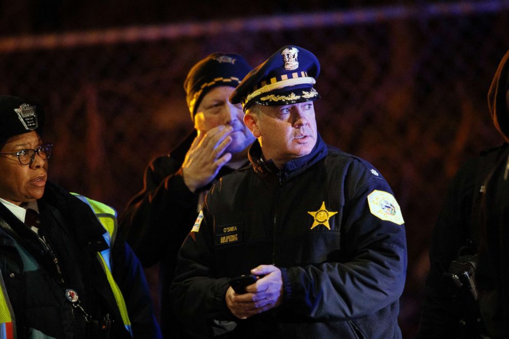 PHOTO: Police work the scene where two officers were killed after they were struck by a South Shore train near 103rd Street and Dauphin Avenue in Chicago, Dec. 17, 2018.