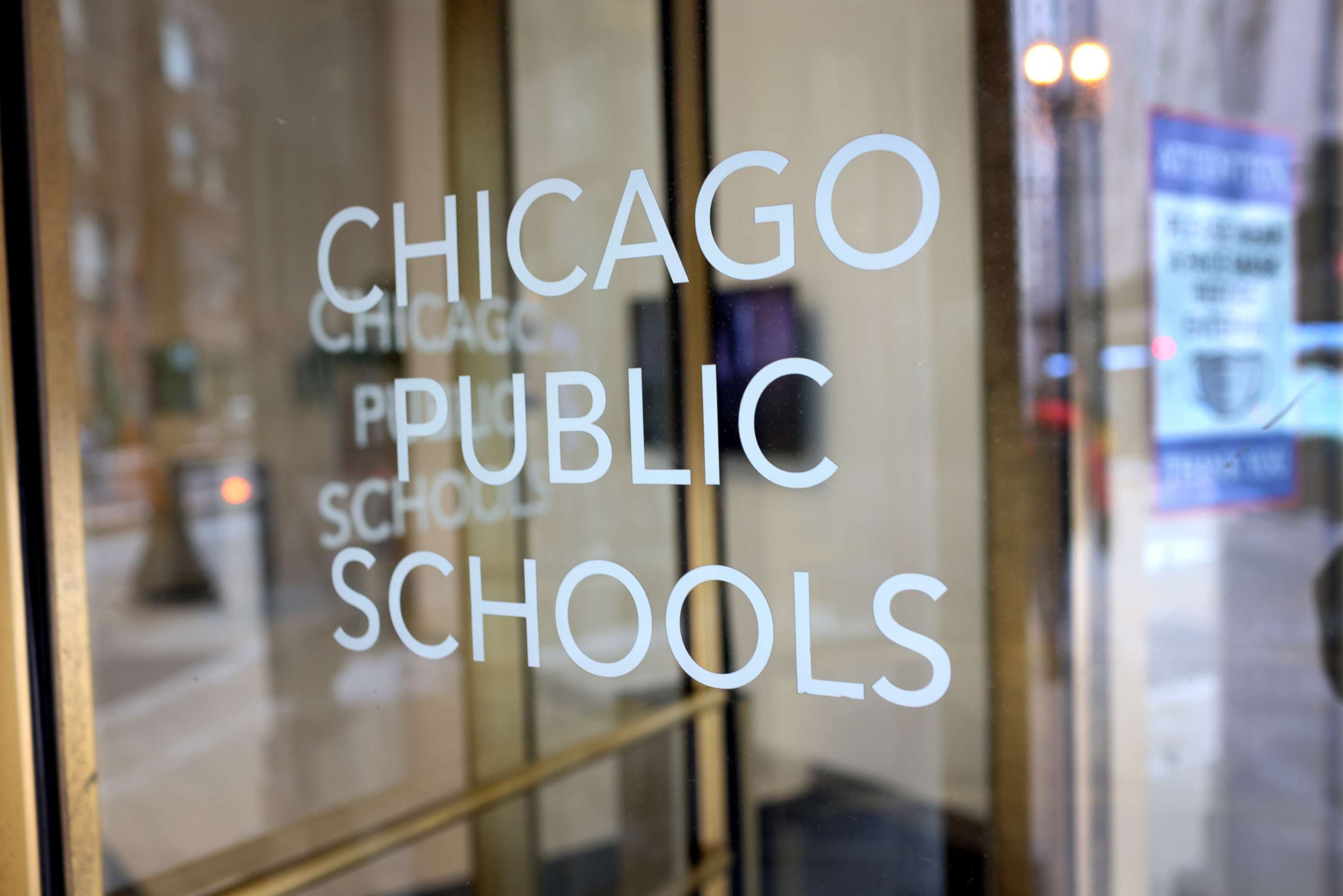 PHOTO: A sign is displayed on the front of the headquarters for Chicago Public Schools on Jan. 5, 2022 in Chicago.