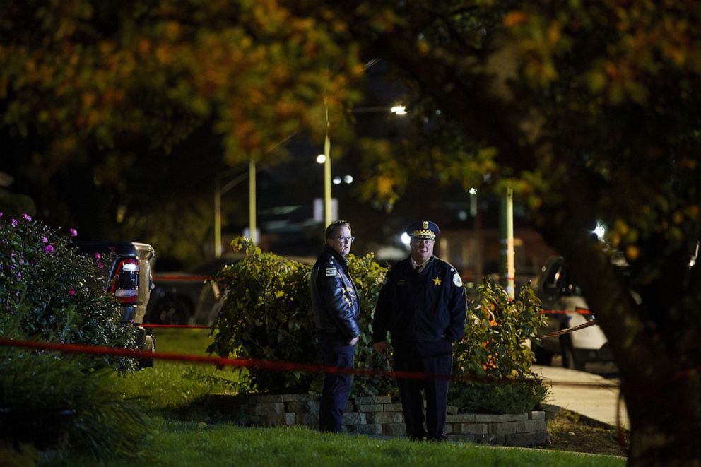 PHOTO: Police work at the scene where a 44-year-old off-duty Chicago police officer was fatally shot in the Oriole Park neighborhood of Chicago on Nov. 2, 2021.