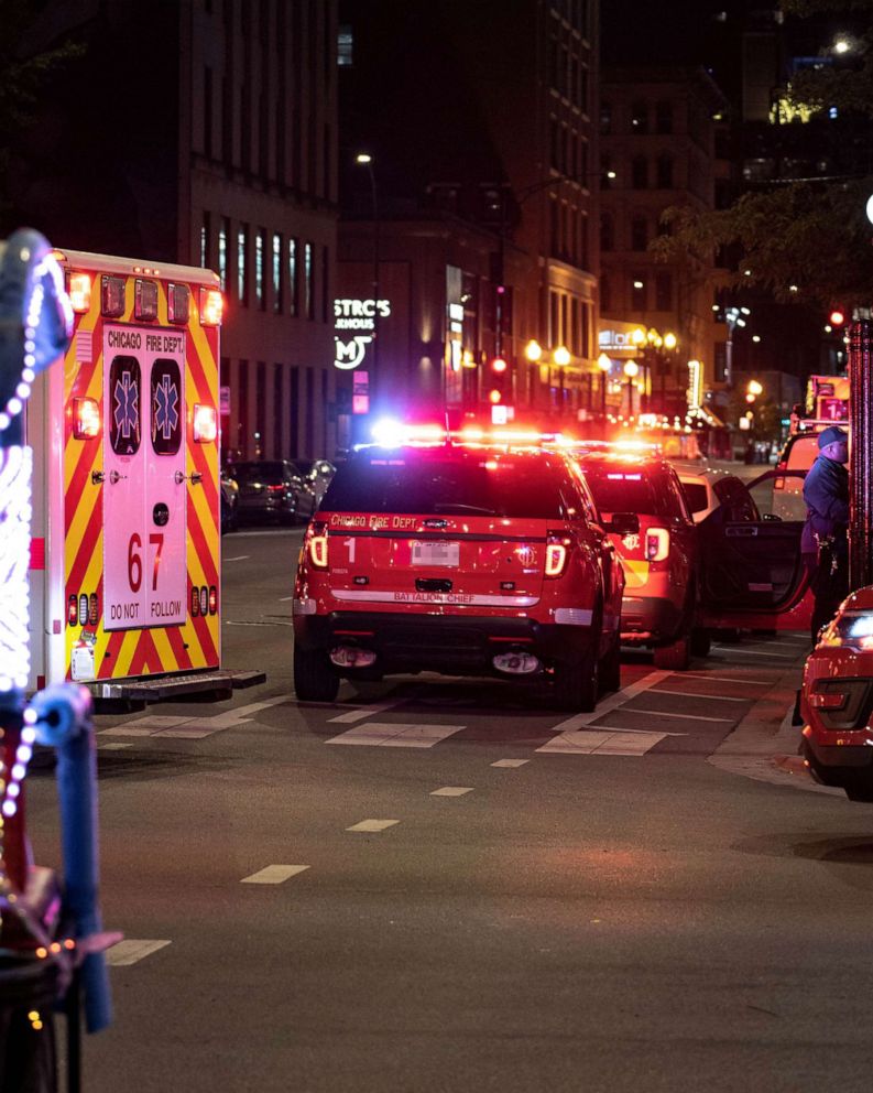 PHOTO: In this image obtained from social media, Chicago Fire Department vehicles are seen on the street after gunfire erupted on outside a McDonald's near the city's Magnificent Mile shopping section, in Chicago, on May 19, 2022.