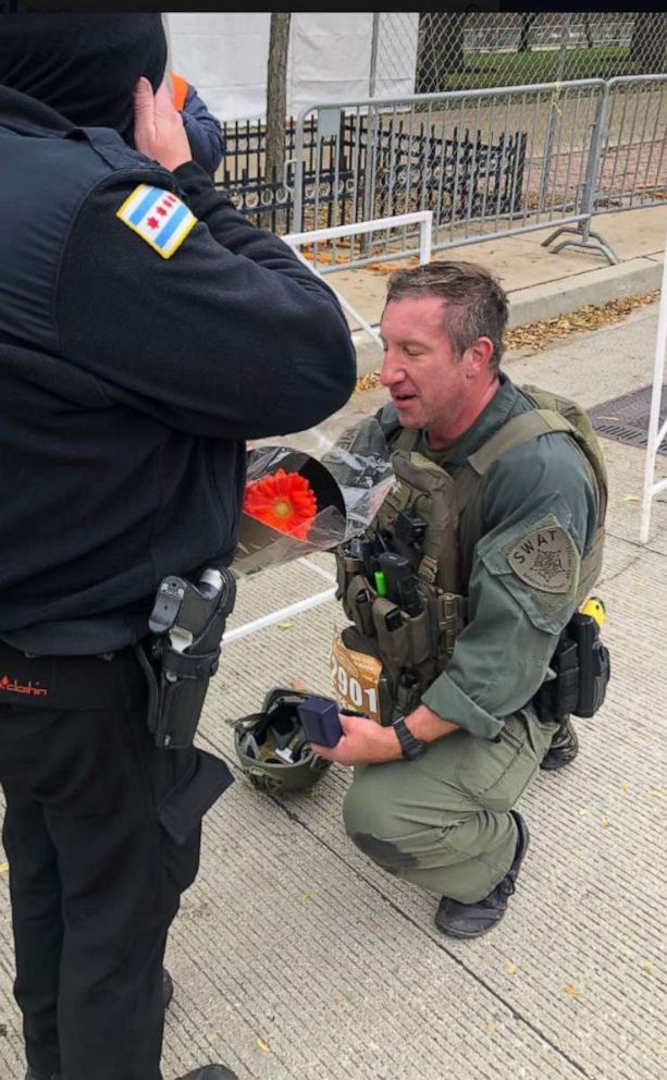 PHOTO: In a photo posted to the Facebook account of the Chicago Police Department, SWAT Sgt. Mike Nowacki proposes to his girlfriend, Officer Erin Gubala.