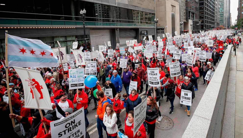 PHOTO: Teachers and supporters gather for the rally on the first day of strike by the Chicago Teachers Union, Oct. 17 2019 in Chicago.