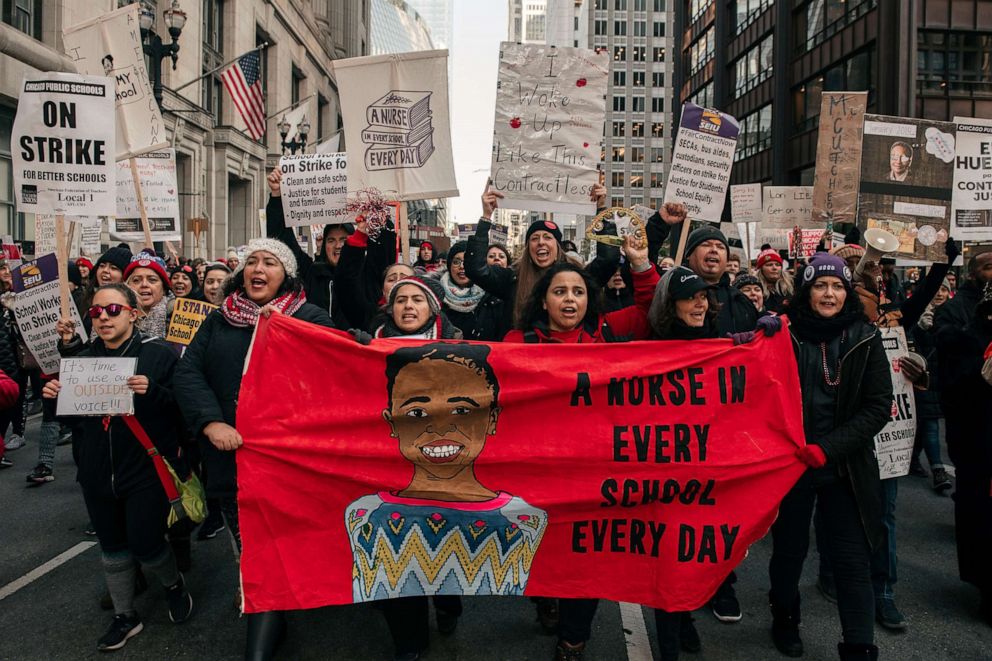 PHOTO: Thousands of demonstrators took to the streets of Downtown Chicago, stopping traffic and circling City Hall in a show support for the ongoing teachers strike on Oct. 23, 2019 in Chicago, I.L.