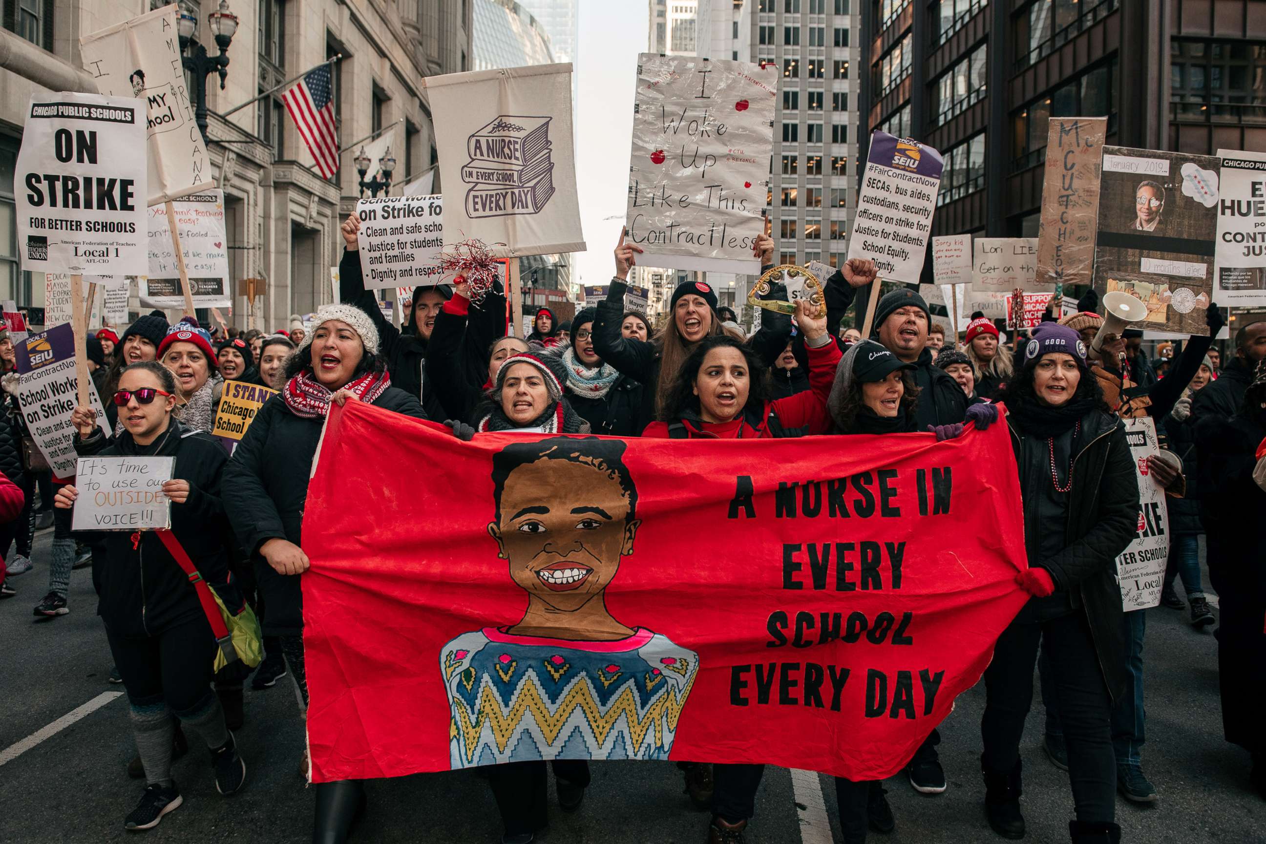 PHOTO: Thousands of demonstrators took to the streets of Downtown Chicago, stopping traffic and circling City Hall in a show support for the ongoing teachers strike on Oct. 23, 2019 in Chicago, I.L.