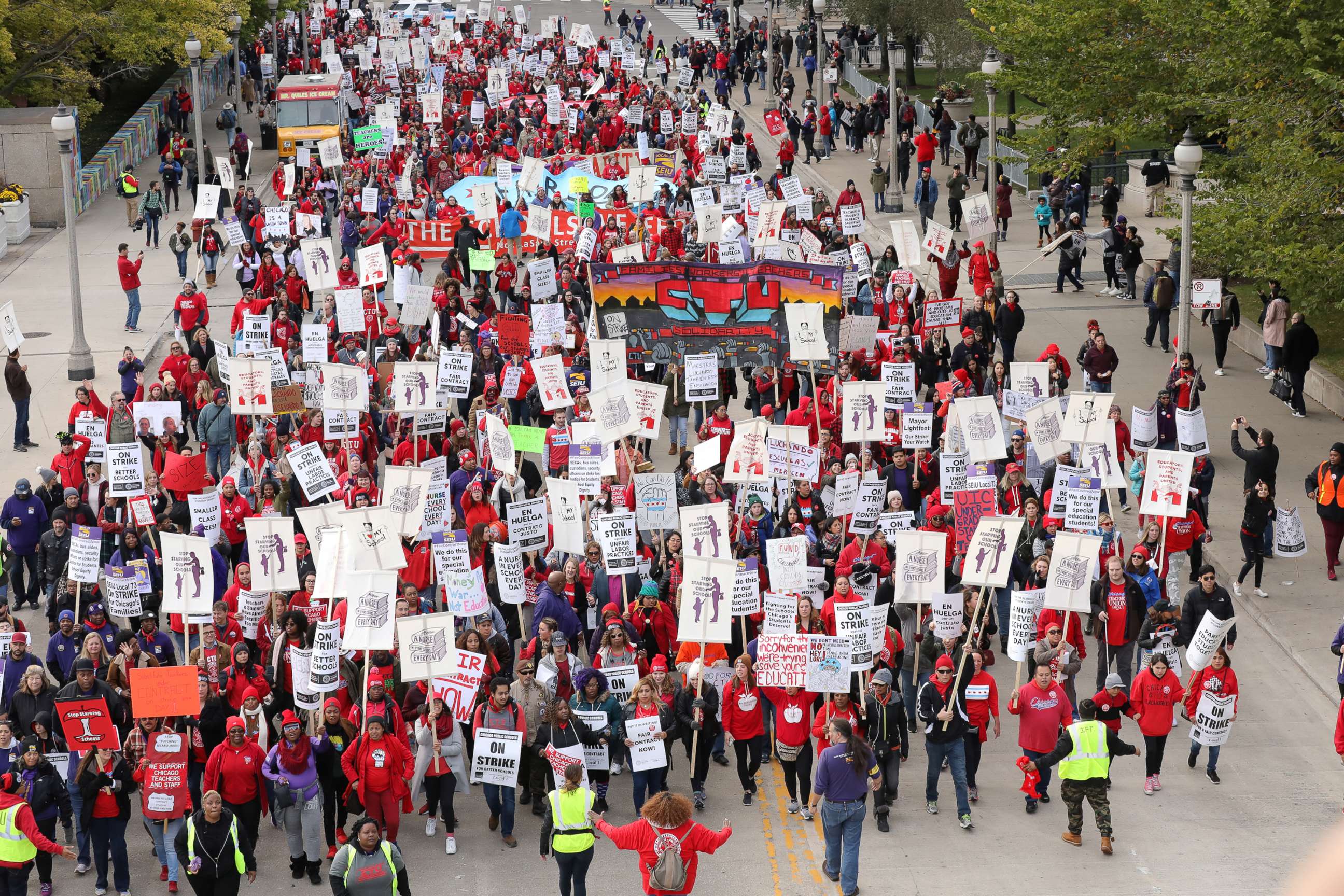PHOTO: Teachers protest during a rally and march on the first day of a teacher strike in Chicago, Oct. 17, 2019.