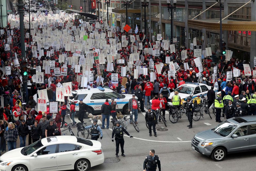 PHOTO: Teachers protest during a rally on the first day of a teacher strike in Chicago, Oct. 17, 2019.