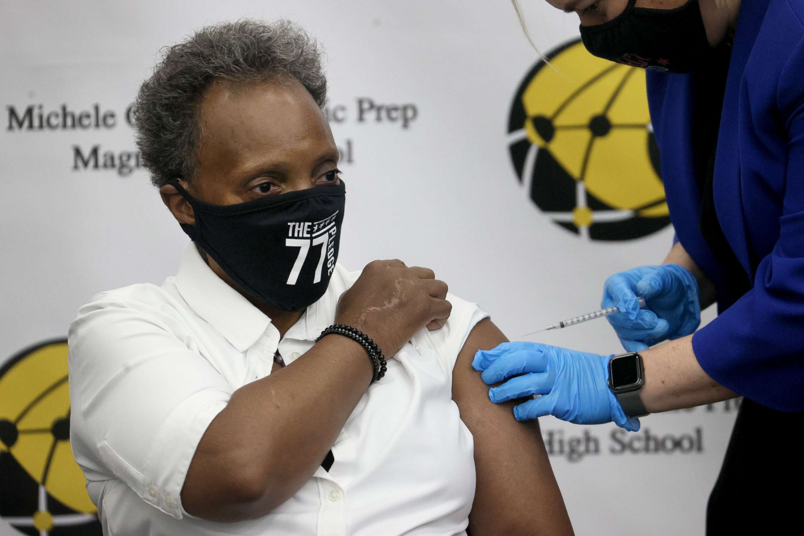 PHOTO: Mayor Lori Lightfoot gets a COVID-19 booster vaccine at Michele Clark High School on Nov. 12, 2021, in Chicago.