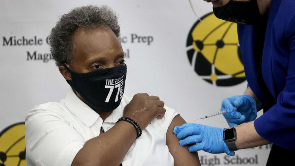 PHOTO: Mayor Lori Lightfoot gets a COVID-19 booster vaccine at Michele Clark High School on Nov. 12, 2021, in Chicago.