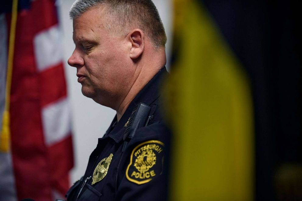 PHOTO: Pittsburgh Police Chief Scott Schubert looks down while describing the mayhem outside an AirBnB apartment rental following a shooting during a house party, April 17, 2022 in Pittsburgh.