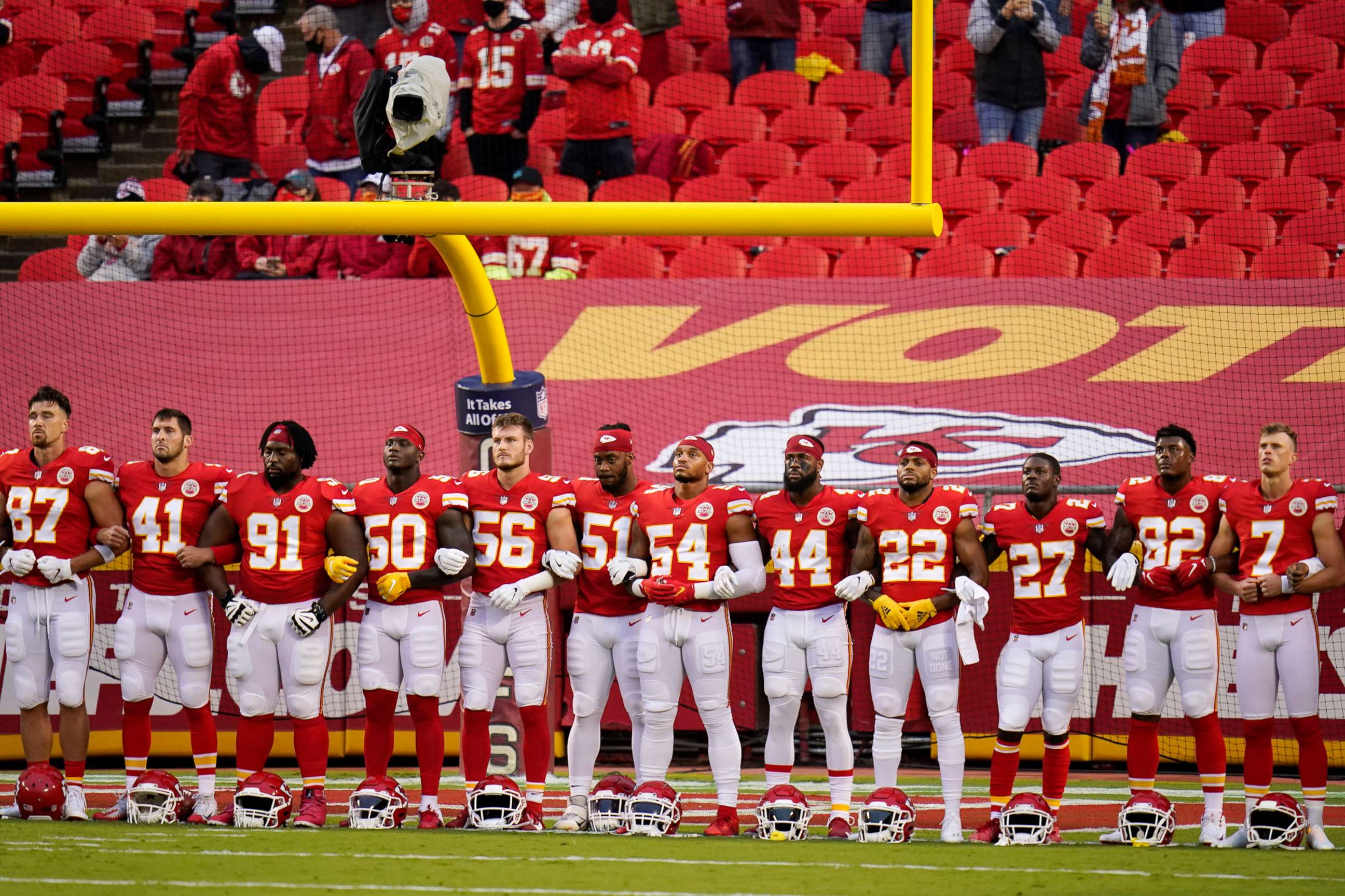 PHOTO: The Kansas City Chiefs players stand for a presentation on social justice before an NFL football game against the Houston Texans, Sept. 10, 2020, in Kansas City, Mo. 