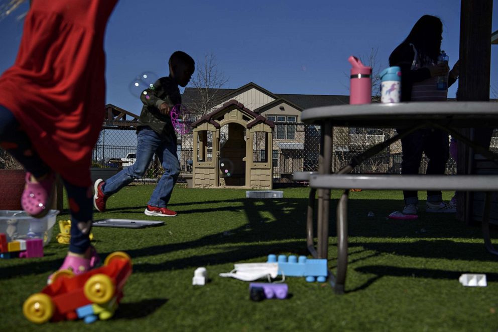 PHOTO:Children play on the playground of a daycare center in Richmond, Texas, Feb. 9, 2022. Since Covid-19 arrived in earnest in early 2020, about one-third of childcare centers have closed and some 111,000 workers have departed the sector.