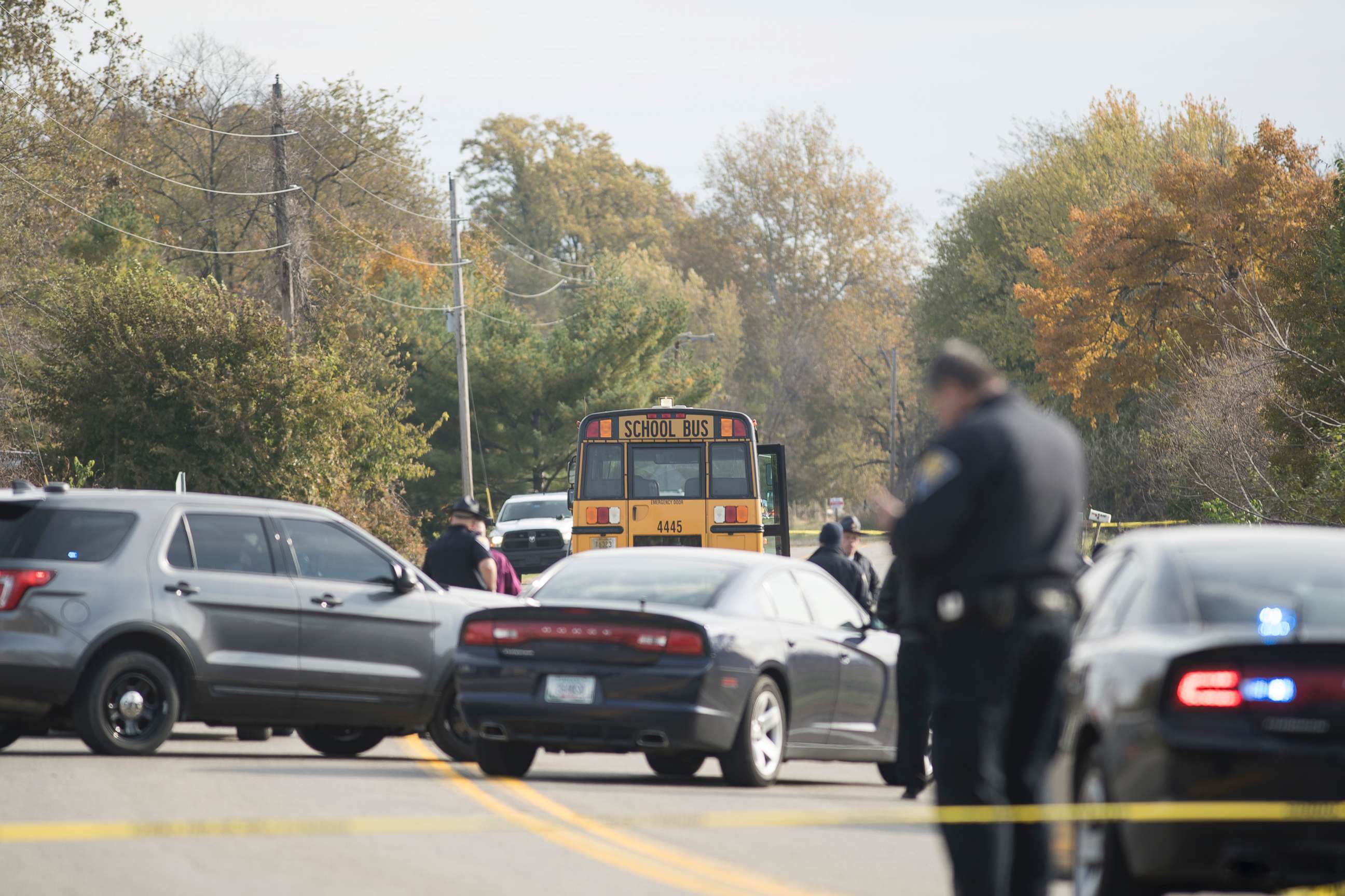 PHOTO: Emergency personnel responded to a scene of a collision that killed three children crossing SR 25 as they were boarding their school bus north of Rochester, Ind., Oct. 30, 2018.