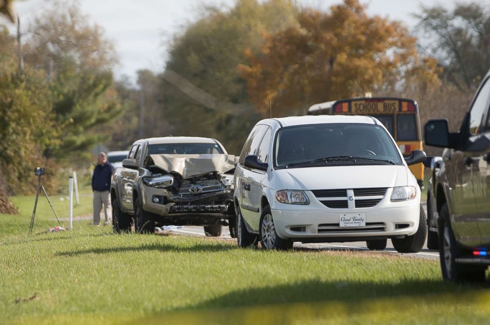 PHOTO: Emergency personnel responded to a scene of a collision that killed three children crossing SR 25 as they were boarding their school bus north of Rochester, Ind., Oct. 30, 2018.