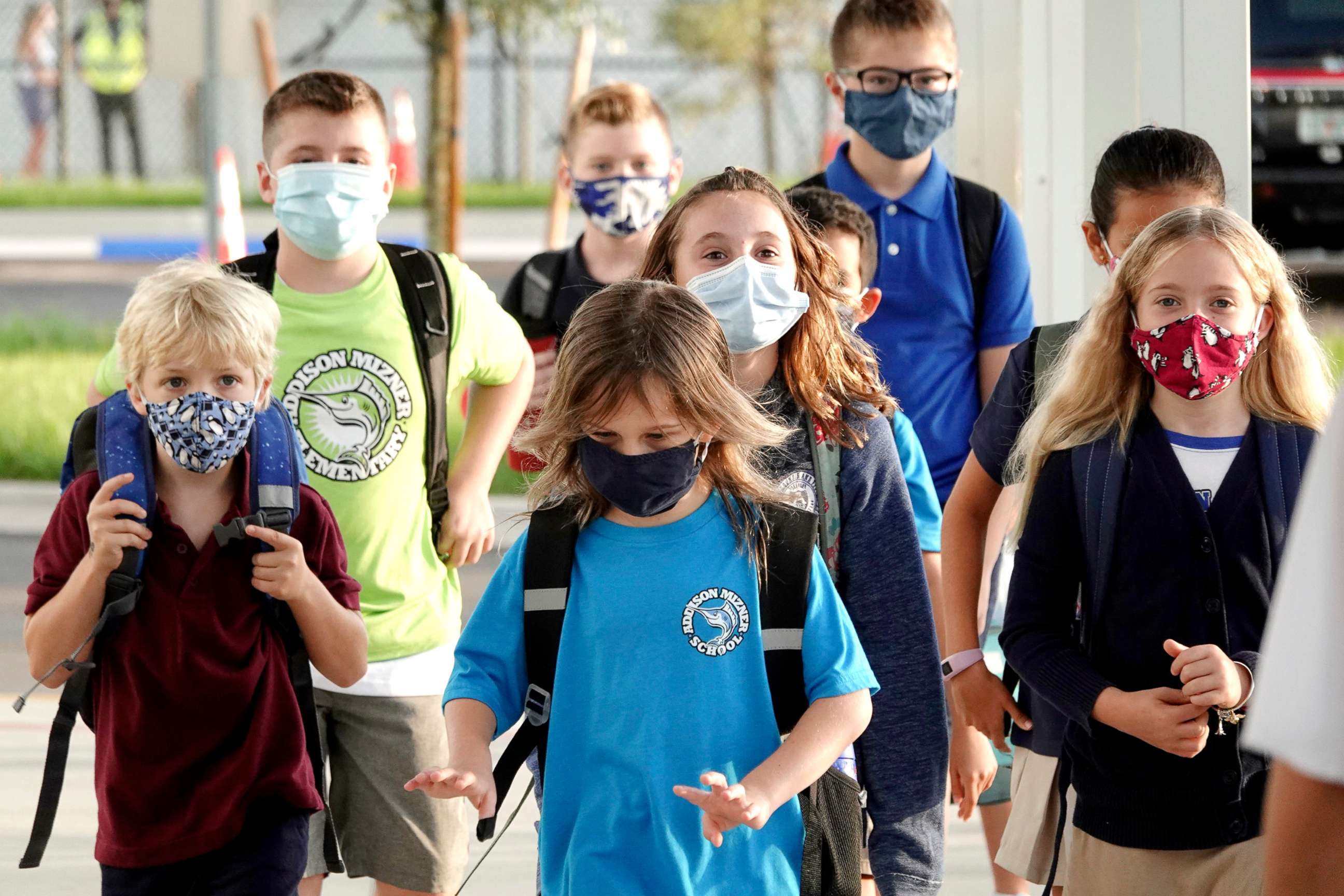 PHOTO: Students arrive to school on the first day at the Addison Mizner School in Boca Raton, Fla., Aug. 10, 2021. Palm Beach County Schools opened the school year with a masking requirement with an opt-out option.