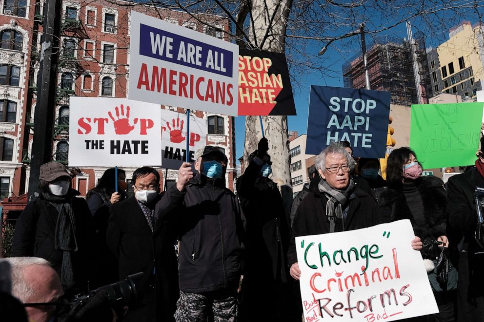 PHOTO: Members of the Korean American Association and others hold a rally and news conference near the building where Christina Yuna Lee was murdered in the early hours of Feb. 13 after she was followed home on Feb. 15, 2022, in New York City. 