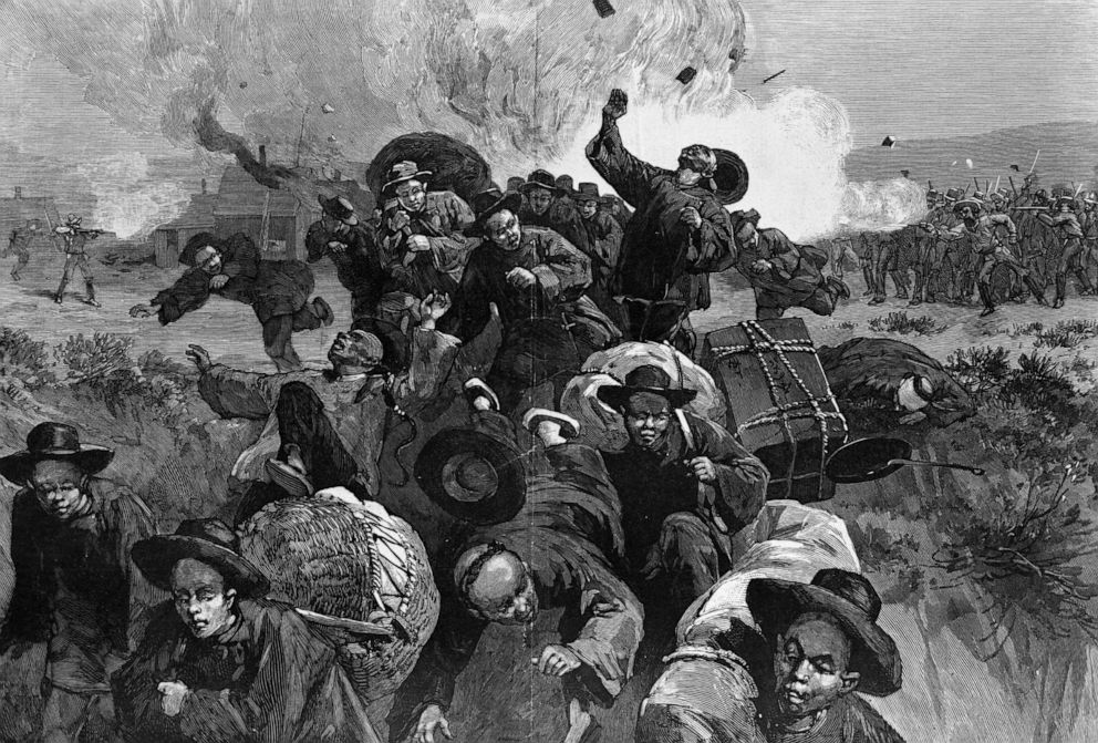 PHOTO: An illustration of a The Massacre of the Chinese at Rock Springs, Wyoming, by Thure de Thulstrup was published in Harper's Weekly, Sept. 26, 1885. 