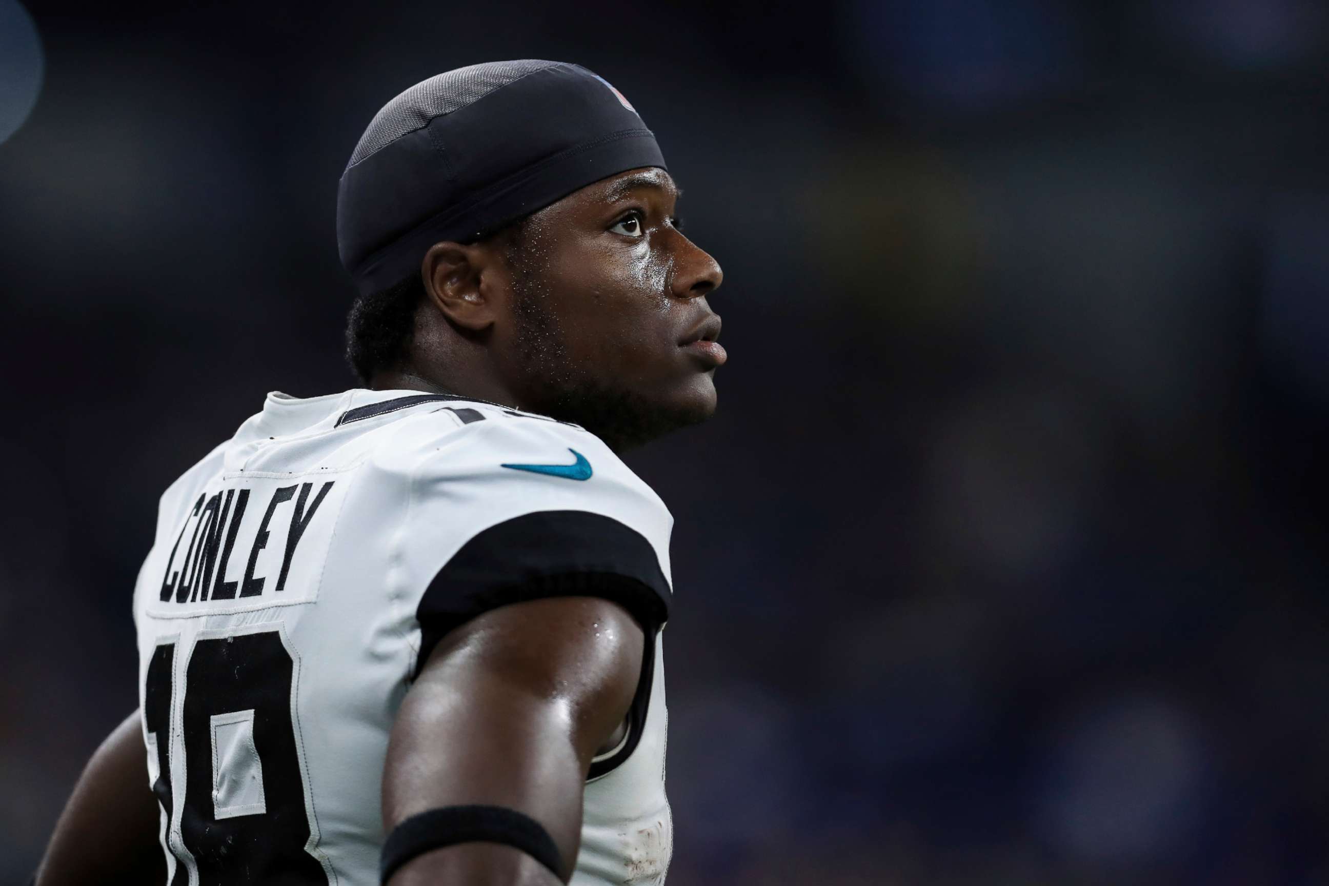 PHOTO: Jacksonville Jaguars wide receiver Chris Conley (18) during an NFL football game against the Indianapolis Colts, on Nov. 17, 2019, in Indianapolis.