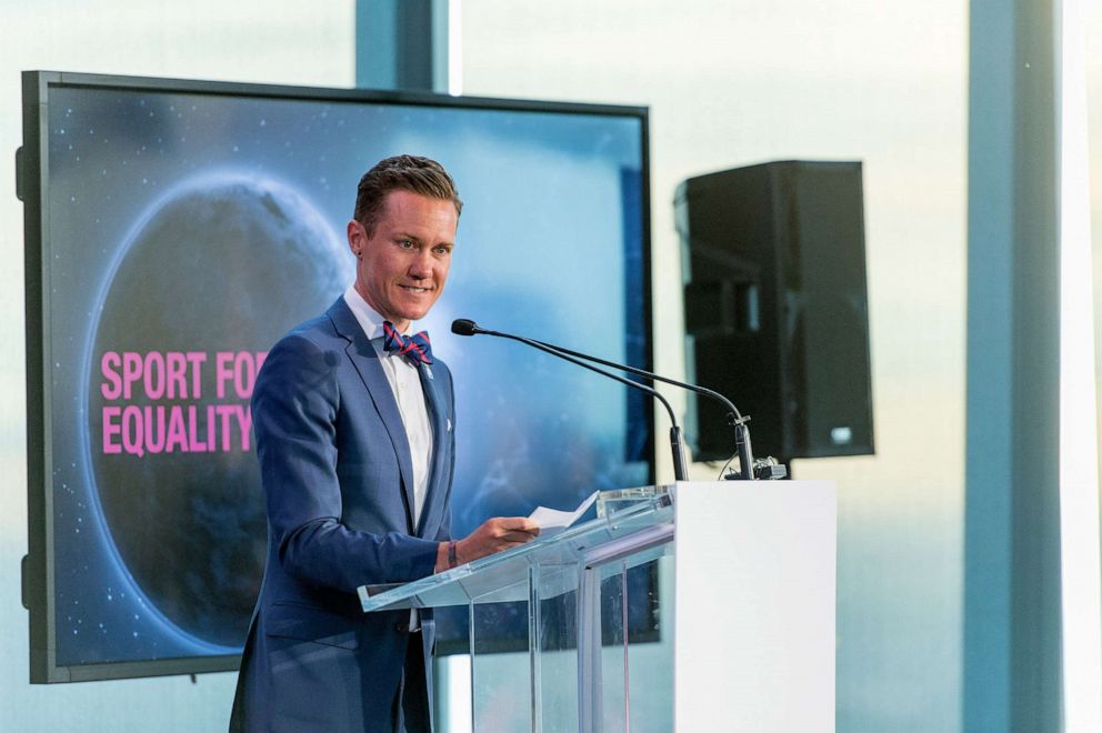 PHOTO:Chris Mosier presents the Sport for Equality Award during the Beyond Sport Global Awards, July 26, 2017, in New York.