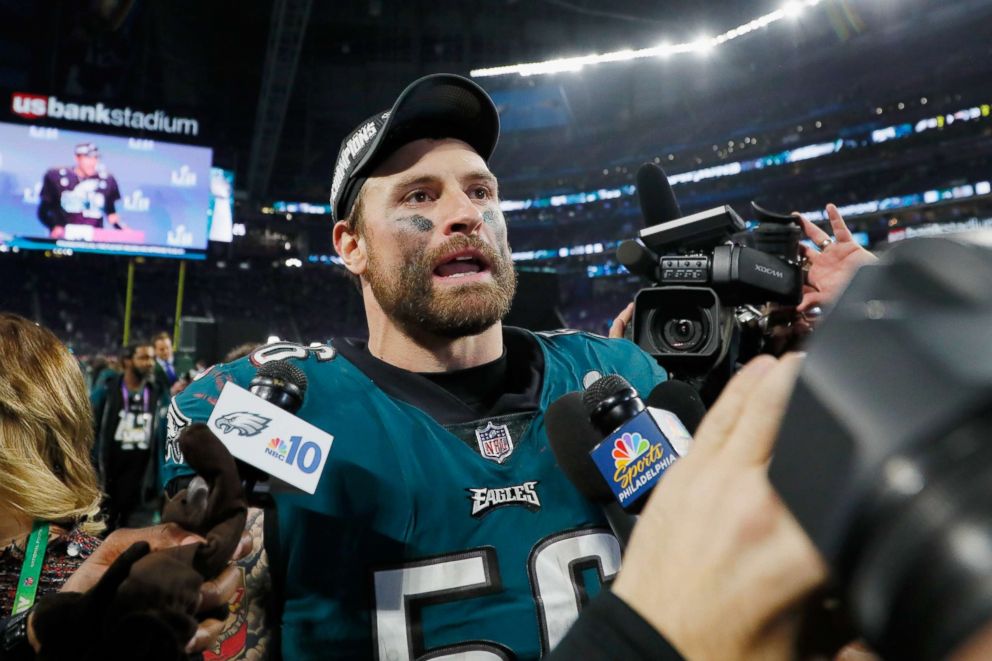 PHOTO: Chris Long celebrates his teams 41-33 victory over the New England Patriots in Super Bowl LII at U.S. Bank Stadium, Feb. 4, 2018 in Minneapolis, Minnesota. 