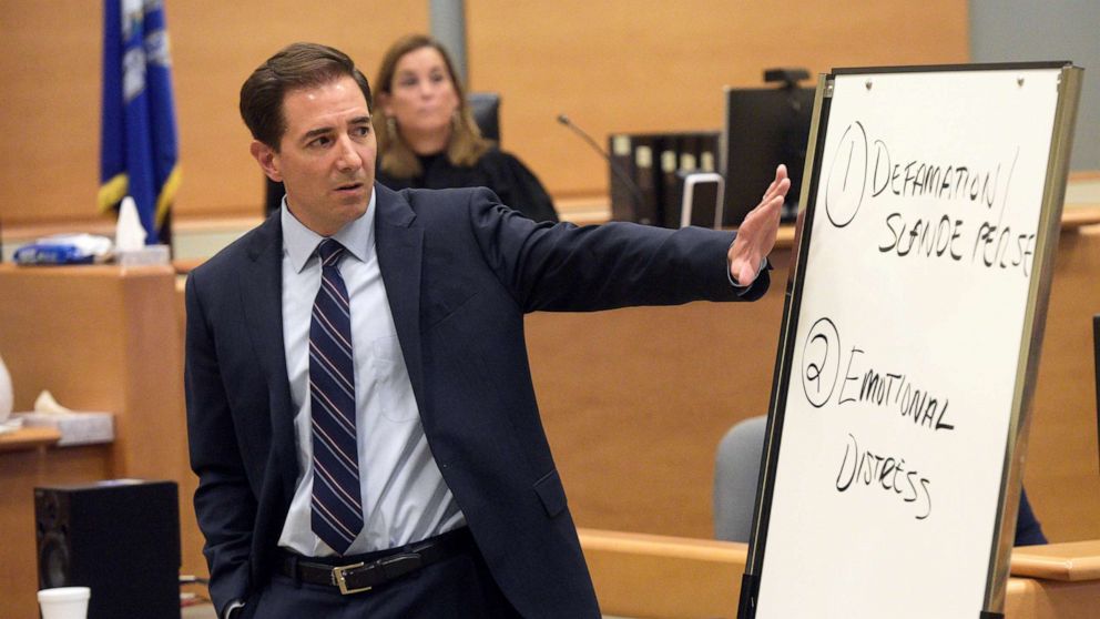 PHOTO: Attorney Chris Mattei points to a white board he had written on during closing statements in the Alex Jones Sandy Hook defamation damages trial in Superior Court in Waterbury, Conn., on Oct. 6, 2022.